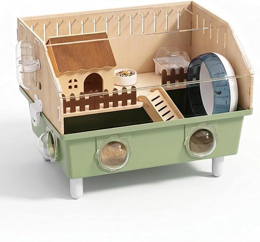 Small Animal Houses & Habitats, Hamster Cage for Dwarf Mouse, Complete Acrylic Small Animal Starter Kit with Accessories, Easy Clean Transparent Pet Cage for Hamsters Gerbils (Green)