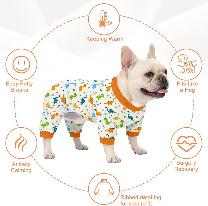 Dog Pajamas for Small Medium Dogs Recovery Suit Dog Pjs Dog Onesie Cute Soft Breathable Puppy Pajamas Pet Spring Summer Stretchy Pjs for Boy Girl - Orange Dinosaurs