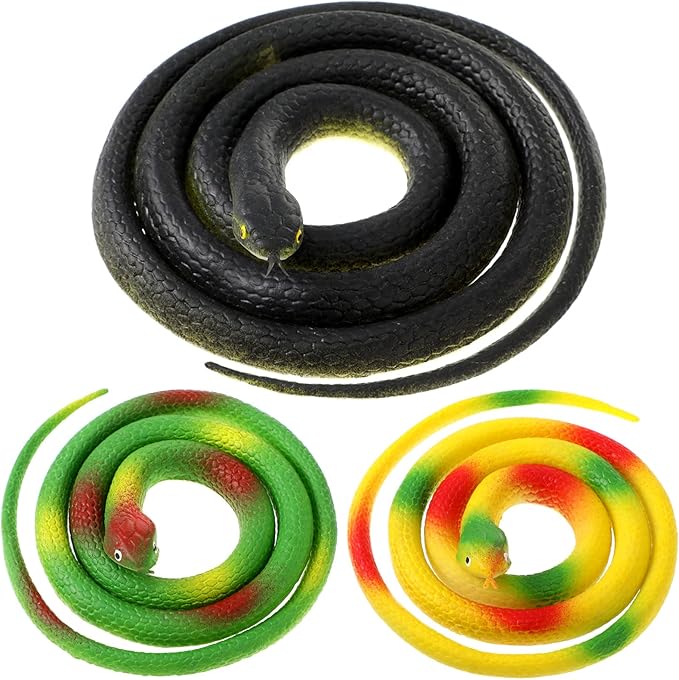 Blulu 3 Pieces Rubber Snakes Realistic Large Lifelike Fake Toys Plastic Garden Snake to Keep Birds Away Scare Squirrels Halloween Prank Props Scare Toy(Vivid Style)