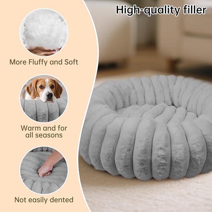 Donut Dog and Cat Bed, Luxurious Comfortable Faux Rabbit Fur Pet Beds, Round Anti-Anxiety Calming Puppy Kitten Bed with Anti-Slip Bottom for Small Medium Dogs & Cats(33", Brown)