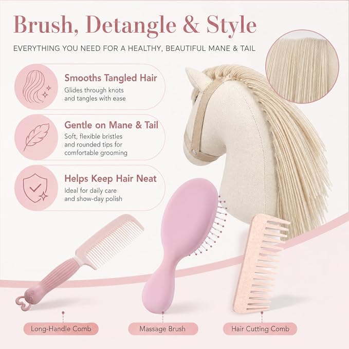 7 Pcs Hobby Horse Grooming Kit Pony Accessories Care Set with Storage Bag Brushes Combs & High-Density Sponge for Plush & Long Mane Care - Pink Nordic Style