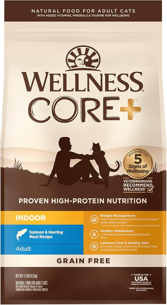 Wellness CORE+ Adult Dry Cat Food for Indoor Cats, Natural, Grain Free Kibble, Salmon and Herring Meal Recipe, 11 lb Bag