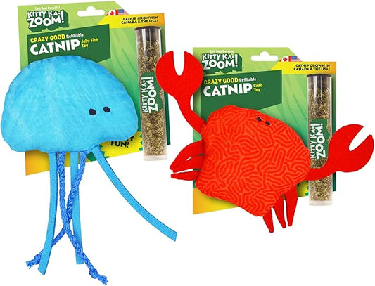 Jellyfish and Crab Toy Bundle | ZOOMIE Refillable Jellyfish and Crab Plush Catnip Toys | High Potency Hand Harvested Fresh Catnip | Soft Plush for Engaging Play