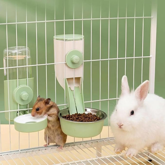Hanging Automatic Food and Water Dispenser for Rabbit, Guinea Pig, Ferret, Bunny Cage Accessories, Feeder Bottle Combo (Green)