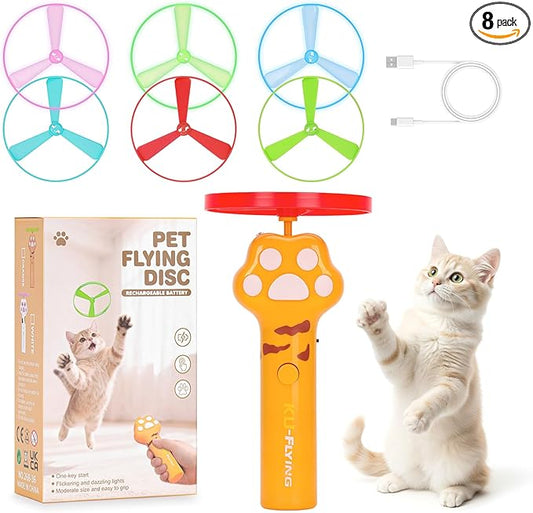 Cat Fetch Toy, Rechargeable Flying Disc Launcher with 6 Flying Discs, Cat Interactive Hunting Toys for Outdoor & Indoor (Yellow)
