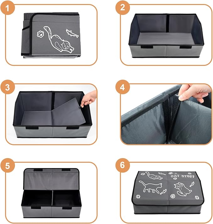 Sturdy MDF Cat Toy Box Storage with Lid, 19" Collapsible Cat Toy Bin with Handle, 600D Fabric Cute Pet Storage Basket Organizers for Pet Toys, Treats Clothes and Accessories - Grey (1 Pack)
