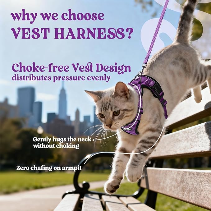 rabbitgoo Cat Harness and Leash for Walking, Escape Proof Soft Adjustable Vest Harnesses for Cats, Easy Control Breathable Reflective Strips Jacket, Purple, S