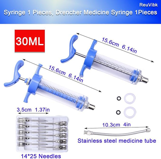 2Pcs 30ML Livestock Syringe, Reusable Adjustable Goat Drench Syringe, with 1 Drench Nozzle 10 Needles, Suitable for Medium And Large Poultry Such As Pigs, Sheep, Cattle, Horses, Etc