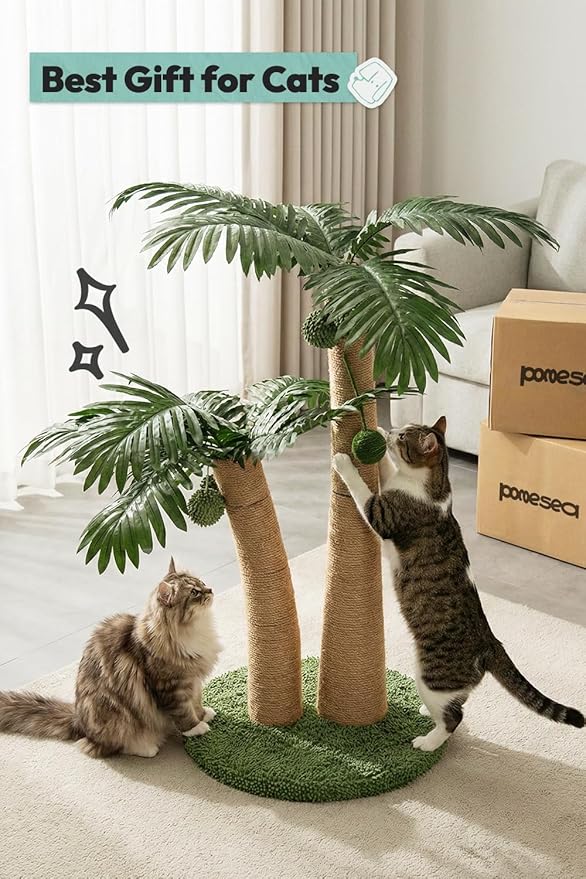 33" Tall Cat Scratching Post, Natural Jute Cat Scratcher for Indoor Cats, Double Coconut Tree Design with Hanging Toy Ball & Rest Platform,Stable Furniture Protector for Kittens & Adult Cats,M