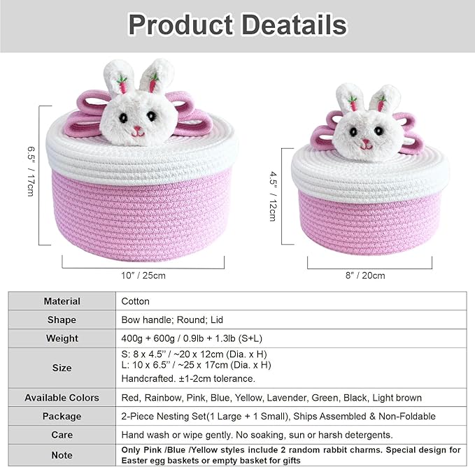 Cute Storage Baskets with Lids, Small Round Woven Rope Basket with Lid, Small Toy Box for Kids or Cat, Cute Basket for Gift, Decorative Basket with Chic Bow Handle, Pink