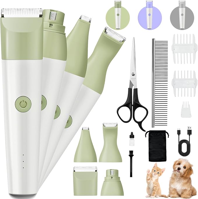 4 in 1 Rechargeable Dog Clippers Grooming Kit with 2 Speeds and Low Noise | Quiet Cordless Dog Hair Trimmer for Paw Nail Grinder, Cat Grooming Clippers for Trimming Hair on Paw Eye Ear Face (Green)