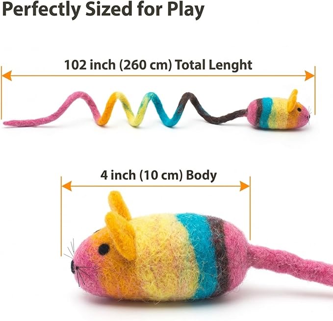 Glaciart One Felt Mouse Cat Toy – Soft Fuzzy Enrichment 100% Natural Wool - Interactive Catnip Play Cat Toy Set - Safe for Pets, Non-AZO Colored Dyes - 100” Long