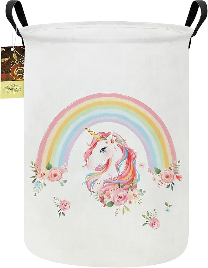Collapsible Fabric Storage Basket, Waterproof Laundry Hamper with Handles, Round Storage Bin for Clothes Toys, Foldable Organizer for Bedroom Nursery Bathroom(Round-Rainbow Unicorn)