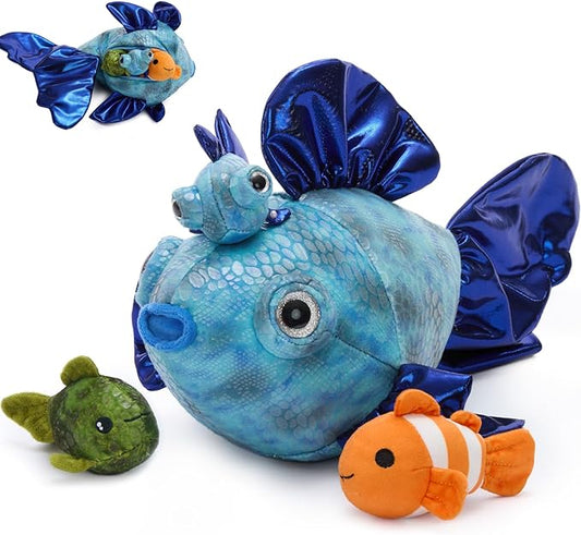 Muiteiur 4-in-1 Fish Family Stuffed Animal Set, 16" Soft Mommy Plush Fish with 3 Small Baby Sea Creatures, Ocean Themed Toys for Kids, Nautical Nursery Decor & Birthday Gift for Boys Girls Ages 3+