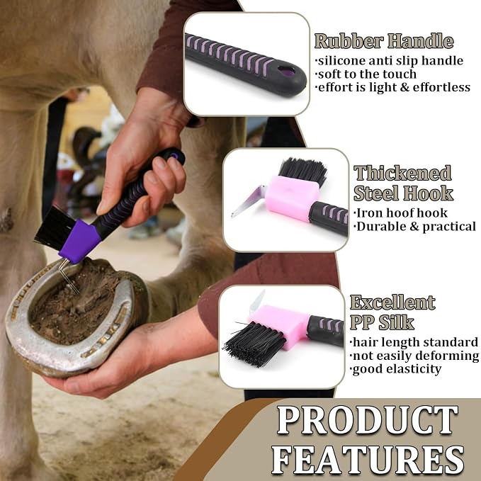 Horse Hoof Pick with Brush, 2-in-1 Hoof Pick for Horses with Soft Grip Rubber Handle, Grooming Brush Tool for Horse Grooming Supplies(Red)