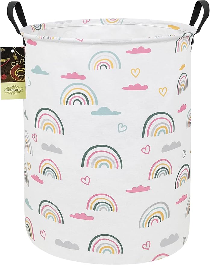 Collapsible Fabric Storage Basket, Waterproof Laundry Hamper with Handles, Round Storage Bin for Clothes Toys, Foldable Organizer for Bedroom Nursery Bathroom(Round-Rainbow)