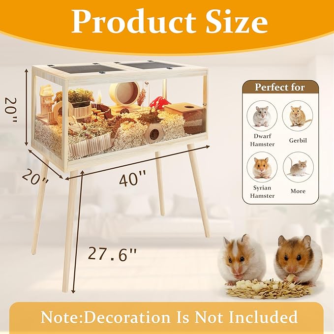 PROLEE Hamster Cage Chewproof, Mice and Rat Habitat with Transparent Sides, Hamster Cage with Openable Mesh Top, Solid Built with Lock Design and Leg Stand, 40" inch