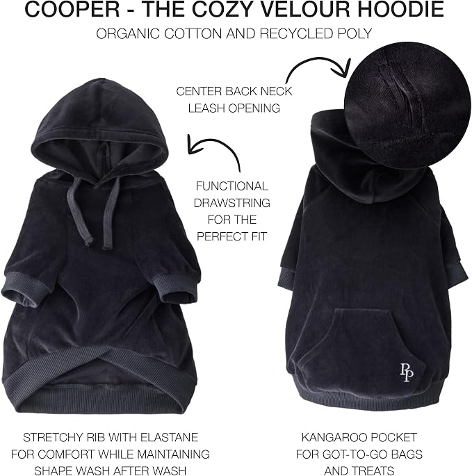Pet Passion Cooper II Organic Cotton Velour Dog Hoodie Pet Coat for Small, Medium and Large Dogs, Black, Large (40-60 lbs)