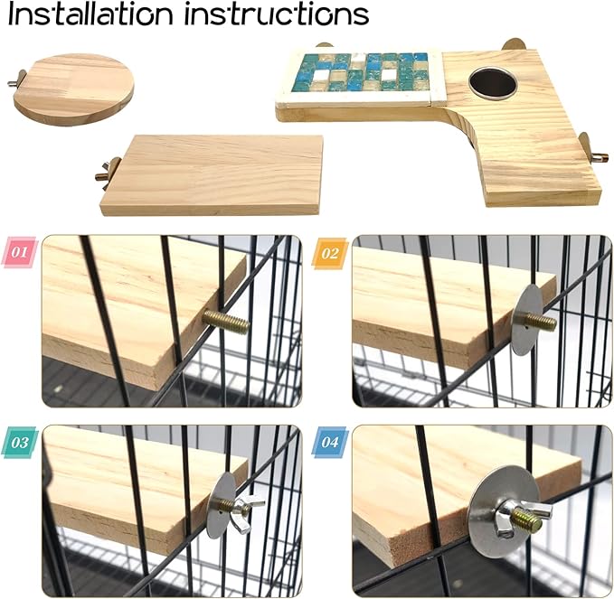 BNOSDM Wooden Hamster Cage Platform Set Wood Chinchilla Ledges and Platforms Rectangle L-Shaped Round Cage Accessories with Cooling Standing Board&Food Cup for Mouse Squirrel Gerbil Guinea Pig