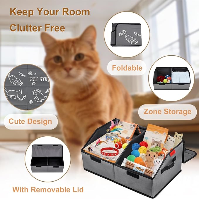 Sturdy MDF Cat Toy Box Storage with Lid, 19" Collapsible Cat Toy Bin with Handle, 600D Fabric Cute Pet Storage Basket Organizers for Pet Toys, Treats Clothes and Accessories - Grey (2 Pack)