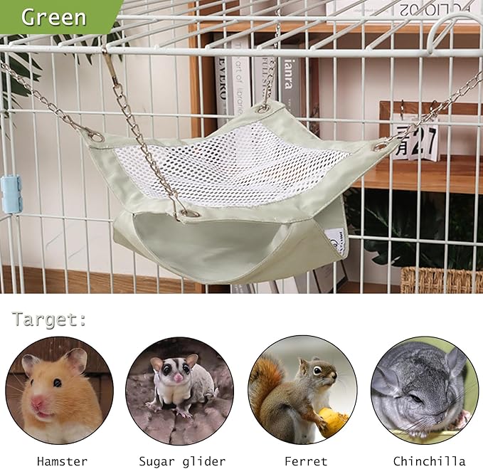 SEIS Waterproof 2 Layers Sugar Glider Mesh Hammock Summer Hamster Sleeping Nest Small Animal Hanging Bed for Guinea Pig House Bedding Squirrel Rat (Green, 13.4"x13.4")