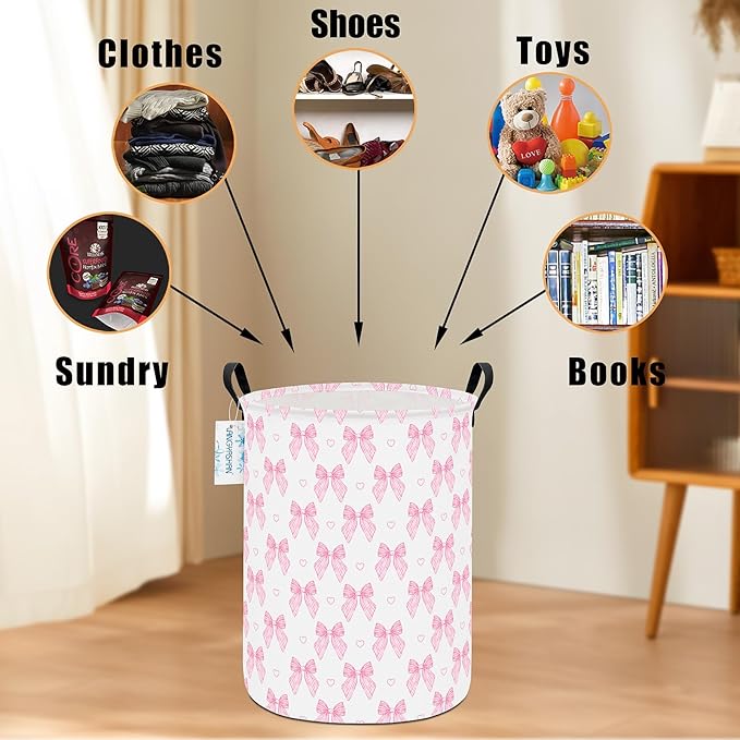 Laundry Basket Canvas Fabric Collapsible Organizer Basket for Storage Bin Toy Bins Gift Baskets Bedroom Clothes Children Nursery Hamper (Pink Bowknot)