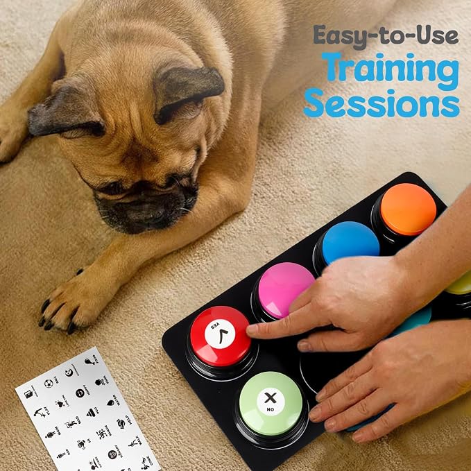 A-URA Dog Talking Buttons for Communication – 4 Recordable Dog Buttons with Anti-Slip Mat, Word Stickers, Training Guide & Video | Dog Communication Buttons for Potty Training, Daily Needs & Behavior