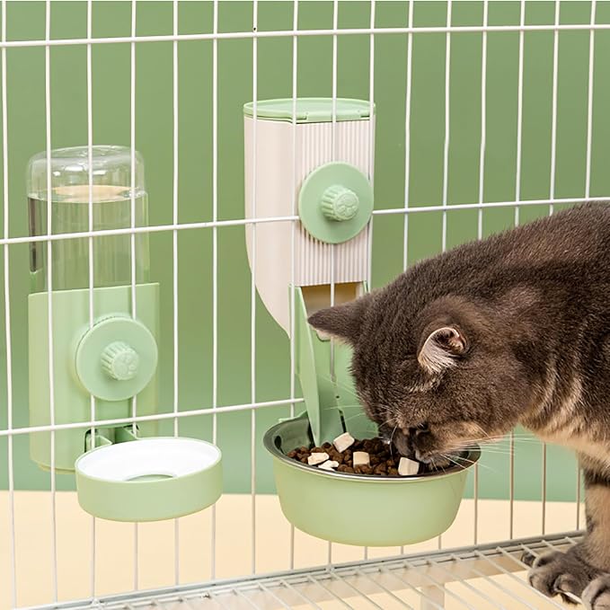 Hanging Automatic Food and Water Dispenser for Rabbit, Guinea Pig, Ferret, Bunny Cage Accessories, Feeder Bottle Combo (Green)