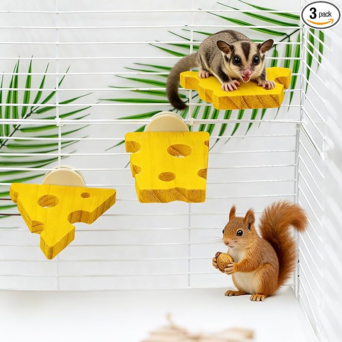 3 Pack Cheese-Themed Wooden Climbing Platforms with Mounting Kit - Multi-Level Cage Accessories for Sugar Gliders, Rats, Squirrels & Small Climbers