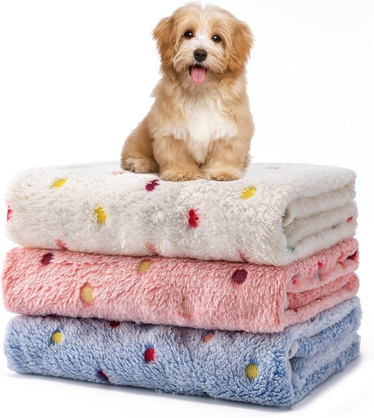 1 Pack 3 Blankets Fluffy Premium Fleece Soft Pet Blanket Flannel Throw for Cat Dog Puppy (Small 23x16'', Dot-White/Pink/Blue)