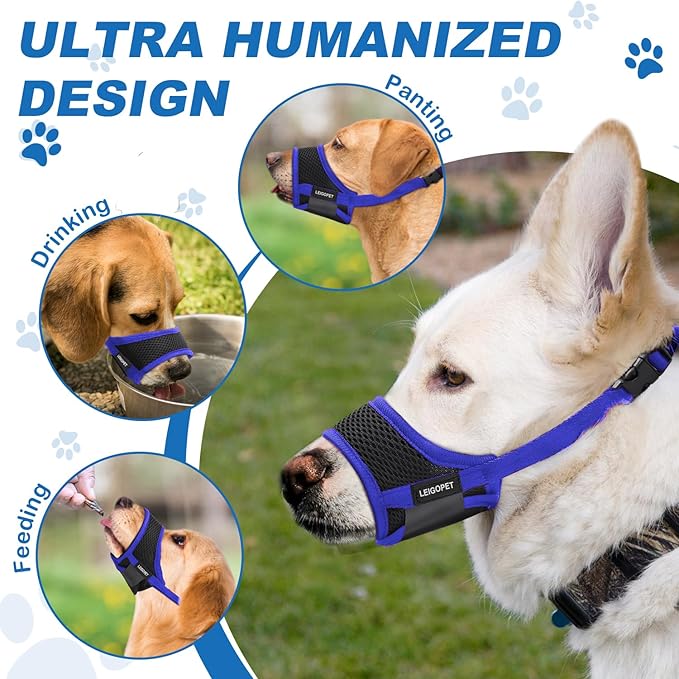 Dog Muzzle, Soft Mesh Nylon Design with Adjustable Neck Strap, Allows Panting and Drinking, for Grooming, Walks, and Scavenging Prevention - Blue, Large