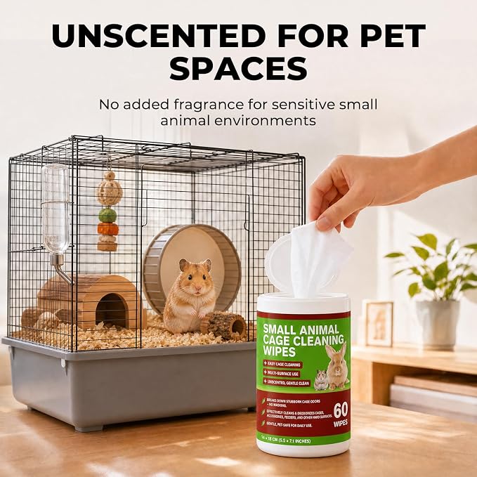 Small Animal Cage Cleaning Wipes, Unscented Cage Cleaner Wipes for Bird, Guinea Pig, Rabbit, Hamster & Bunny Habitats, Quick Spot Cleaning Suppliers for Cages, Feeders & Accessories, 2 Pack 120 Wipes