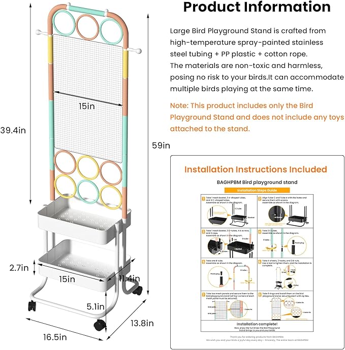 Large Bird Playground, Parrot Perch Stand with Toys DIY Zone, Wheels, Toilet, Storage Space, Bird Stands for Inside Play Gym Stand for Parakeet Conure Cockatiel Lovebird Budgie African Greys