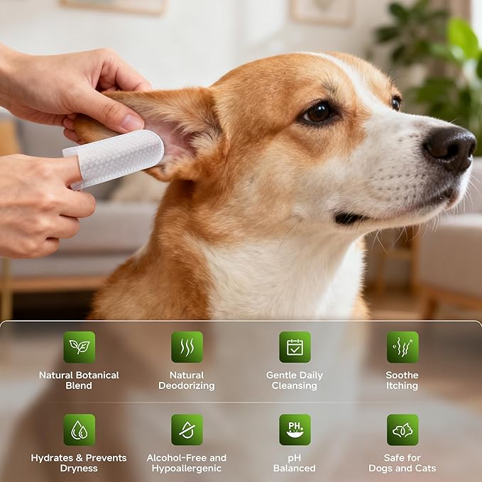 Dog Ear Wipes – Finger Design Ear Cleaner for Dogs & Cats, Made with 8 Botanical Extracts, No Rinse, Gentle Easy Cleaning & Deodorizing, Calm Irritation, Fragrance Free, Large Easy Fit,50 Ct