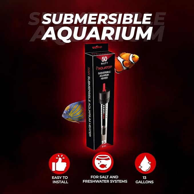 Aquatop 50W Aquarium Submersible Glass Heater – Adjustable Temperature 68-93°F – Fish Tanks Up to 13 Gal – for Freshwater & Saltwater Use – GH-50