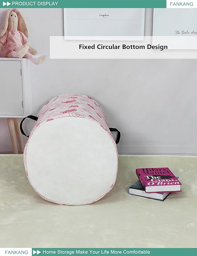 Storage Basket, Nursery Hamper Canvas Laundry Basket Foldable with Waterproof PE Coating Large Storage Baskets for Kids Boys and Girls, Office, Bedroom, Clothes,Toys(Pink roses)