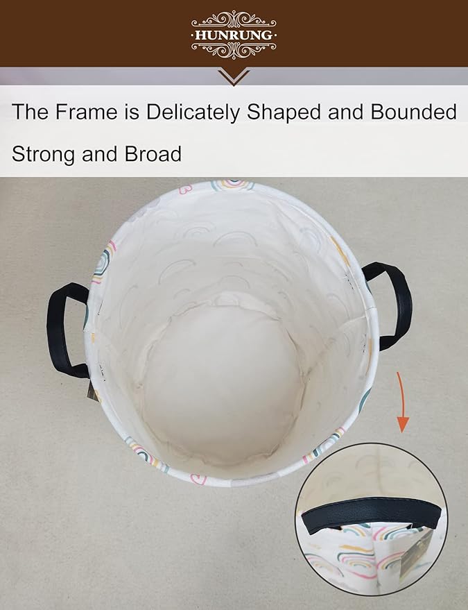 Collapsible Fabric Storage Basket, Waterproof Laundry Hamper with Handles, Round Storage Bin for Clothes Toys, Foldable Organizer for Bedroom Nursery Bathroom(Round-Rainbow)