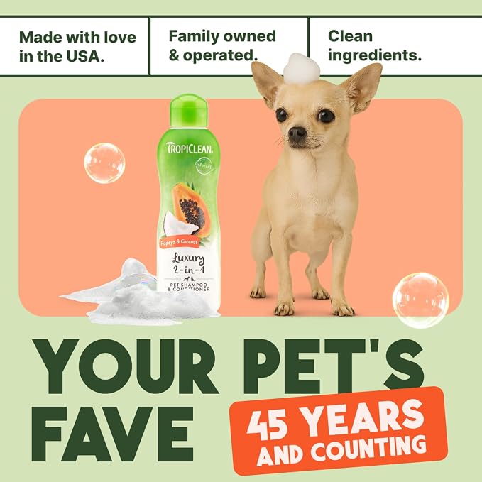 TropiClean 2-in-1 Dog Shampoo and Conditioner, Professional Dog Shampoo, Moisturizing Detangler, Puppy Safe, Made in USA, Papaya Scent, 2.5 Gallon