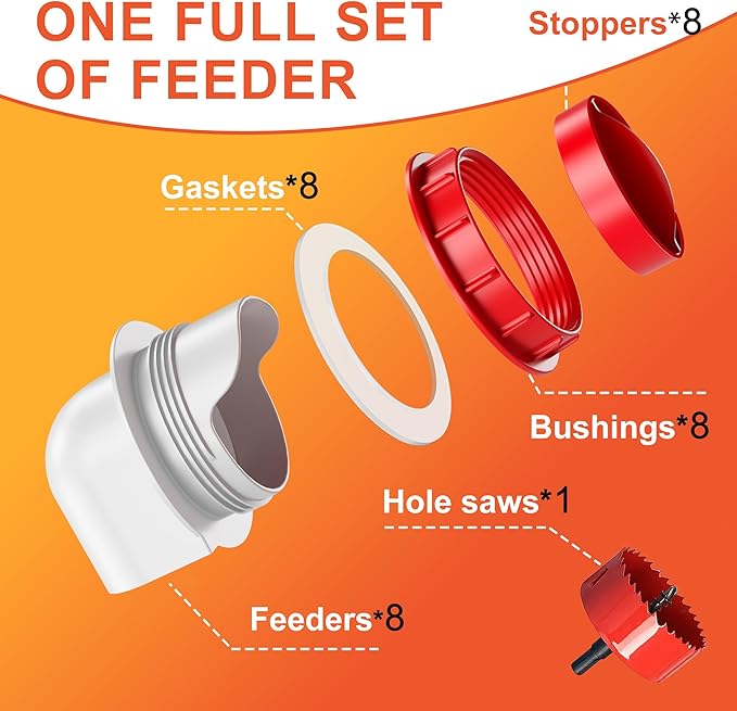 ZenxyHoC Chicken Feeders No Waste, DIY Automatic Poultry Feeder 8 Ports 1 Hole Saw with Covers Gravity Feed Kit for Buckets Barrels Bins Troughs (Red)