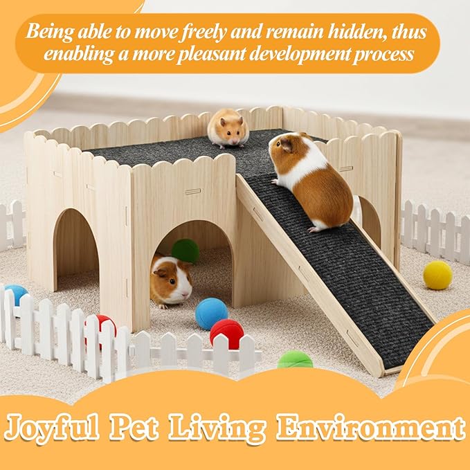 Large Guinea Pig Castle, Sturdy Wooden Guinea Pig Hideout, Upgraded Wooden Guineas Pigs Castle with Anti-Slip Stairs, Easy to Assemble for Small Animal House Habitat or Hamster Hideout