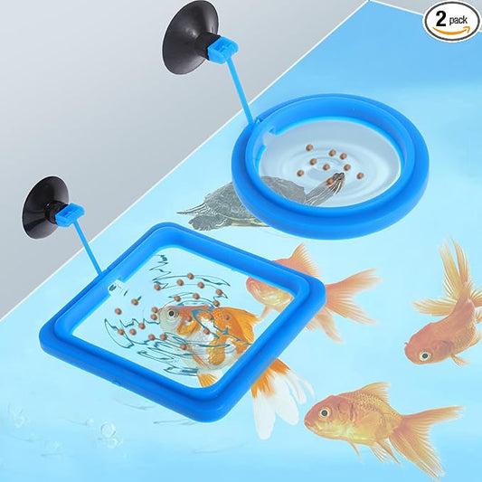 2 Pcs Fish Feeding Ring, Aquarium Feeding Ring Turtle Tank Accessories Automatic Square and Round Floating Food Feeder with Suction Cup for Betta Guppy Goldfish (Blue)