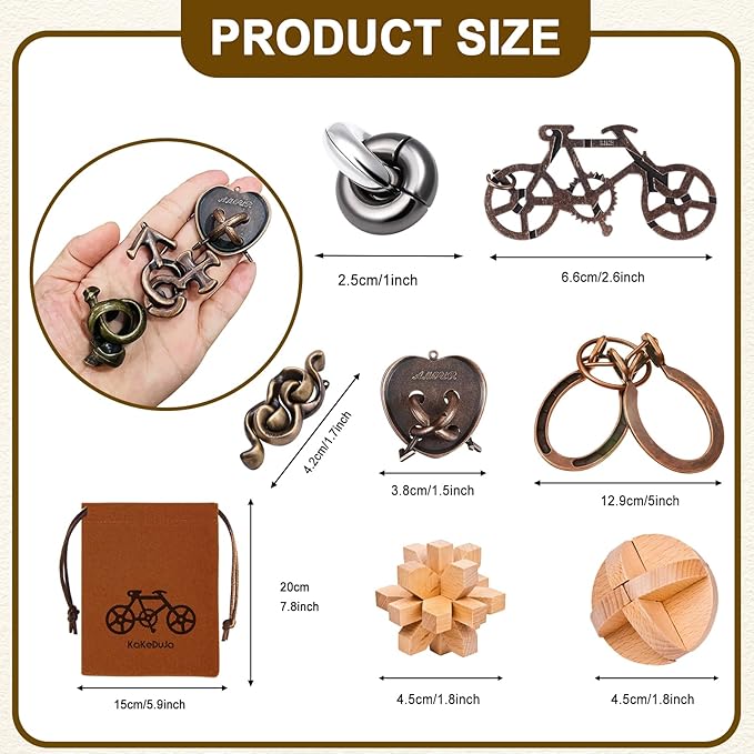 32 Pcs Brain Teaser Puzzles Set for Adults Kids – Vintage Wooden & Metal 3D IQ Game, Challenging Disentanglement Logic Puzzles, Family Party Favor Portable Travel Pouch Set