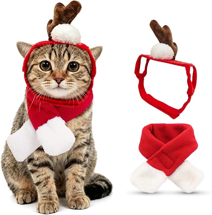 NAMSAN Cat Christmas Reindeer Costume, Small Dog Max Antler with Santa Scarf, Xmas Small Pet Single Reindeer Headband Scarf Outfit, Adjustable Cat Elk Antler and Red Scarves for New Year Cosplay