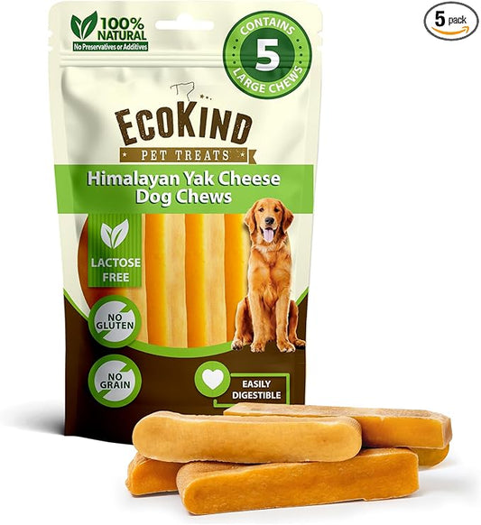 EcoKind Premium Gold Yak Cheese Himalayan Dog Chews, Dog Treats Large Breed, All Natural, High Protein, for Aggressive Chewers, Large - 5 Chews