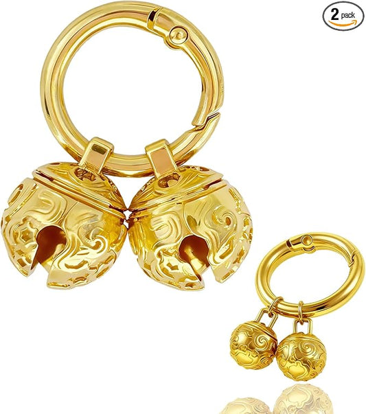 Dog Bells for Collar - 2 Pack Gold Plated Brass Dog & Cat Bells with Engraved Protective Charm, Quick Clasp for Anti-Lost Tracking, Gift for Small & Medium Pet Lovers (Gold,S+M)