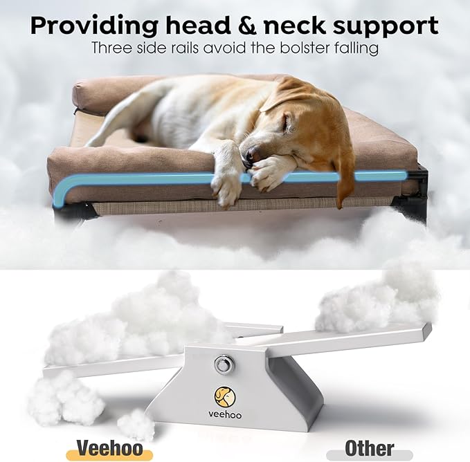 Veehoo Elevated Raised Dog Bed-Cooling Outdoor Dog Cot Bed for Large Sized Dogs Three-Sided Fence Raised Pet Cot with Mesh &No-Slip Feet Dog Hammock Bed with Removable Bolster-35 x 22" Beige Coffee