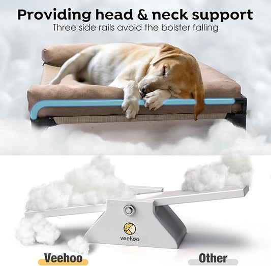 Veehoo Elevated Raised Dog Bed-Cooling Outdoor Dog Cot Bed for Large Sized Dogs Three-Sided Fence Raised Pet Cot with Mesh &No-Slip Feet Dog Hammock Bed with Removable Bolster-35 x 22" Beige Coffee