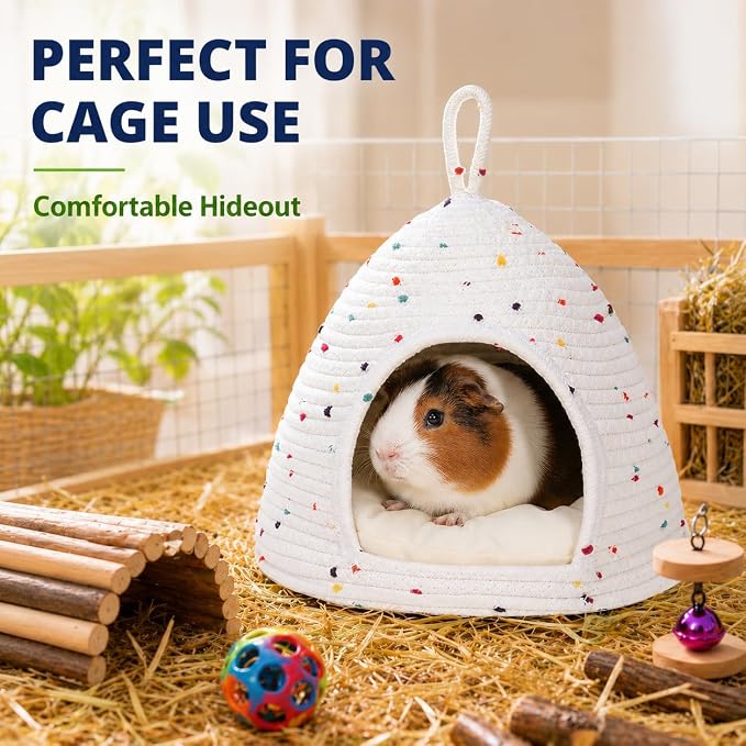 Guinea Pig Hideout Bed, 11 x 9.8 in Small Animal Hideaway House with Removable Cushion, Washable Cotton Rope Cozy Cave for Guinea Pigs, Chinchillas, Hedgehogs, Hamsters, Small Bunny