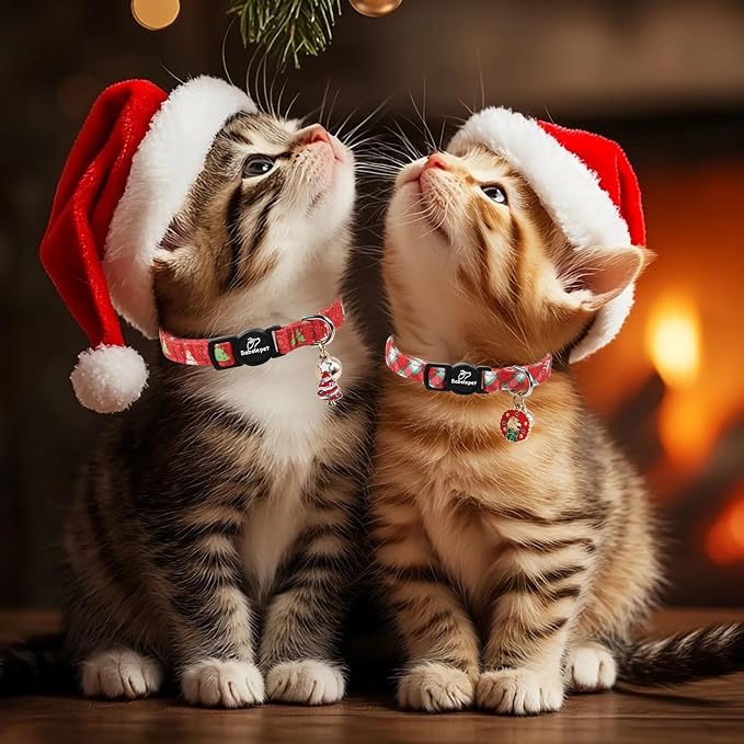 2 Pack Christmas Cat Collars - Breakaway Cat Collar with Bell, Christmas Wreath and Tree Pendant, Winter Adjustable Kitten Collars for Girl Boy Cats, Pink&Plaid