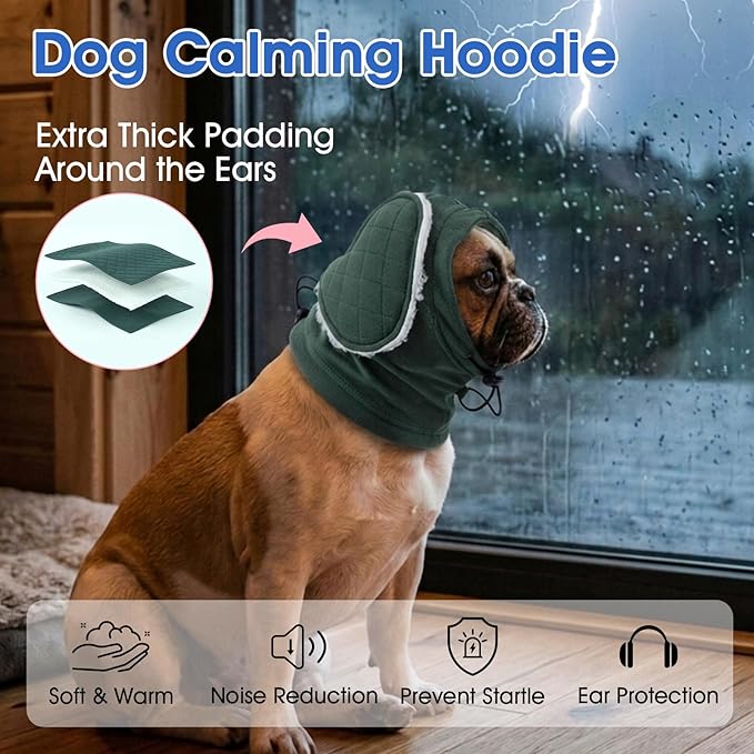 Dog Ear Cover, Dog Ear Muffs Noise Protection & Anxiety Relief, Adjustable Ear Calming Hoodie with Thick Padding, Soft Dog Ear Wrap for Fireworks, Drying, Grooming, Travel (Green, S)